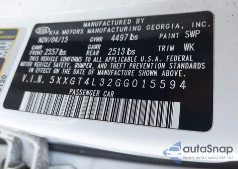 2016 Kia Optima Lx from USA, damaged, VIN 5XXGT4L32GG015594